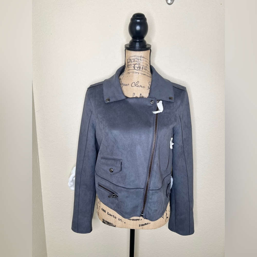 Black Tape Faux Vegan Gray Suede NWT Cropped Moto Jacket Size Large